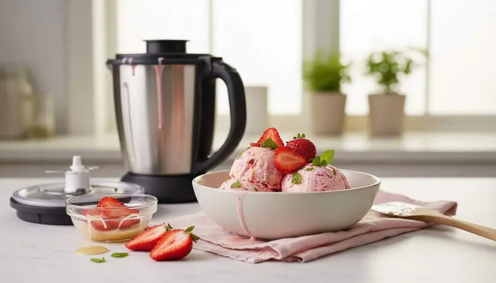  Helado de fresa hecho en Thermomix en 10 minutos, una receta f&aacute;cil y r&aacute;pida para disfrutar un postre casero delicioso &mdash; Imagen generada por IA 