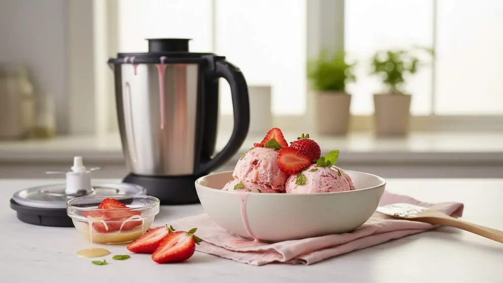  Helado de fresa hecho en Thermomix en 10 minutos, una receta f&aacute;cil y r&aacute;pida para disfrutar un postre casero delicioso &mdash; Imagen generada por IA 