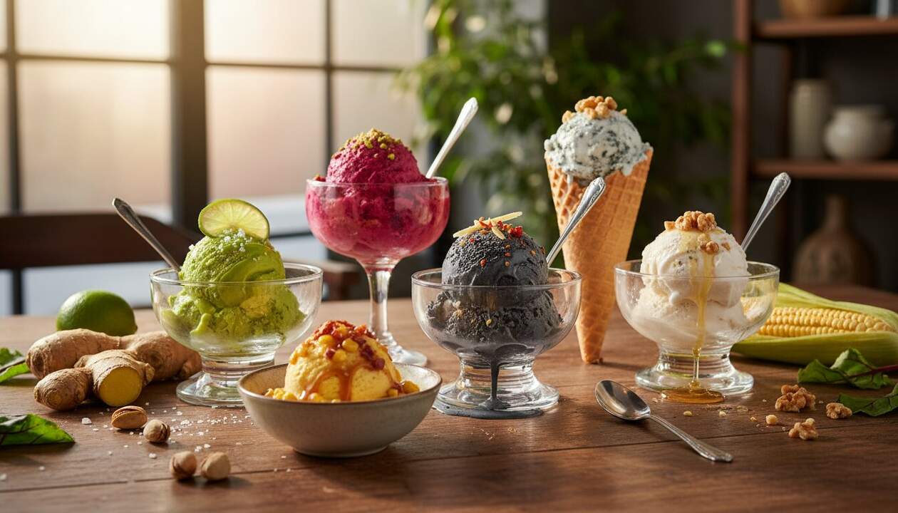  Varias combinaciones sorprendentes para combinar helado y disfrutar de nuevos sabores deliciosos y &uacute;nicos &mdash; Imagen generada por IA 